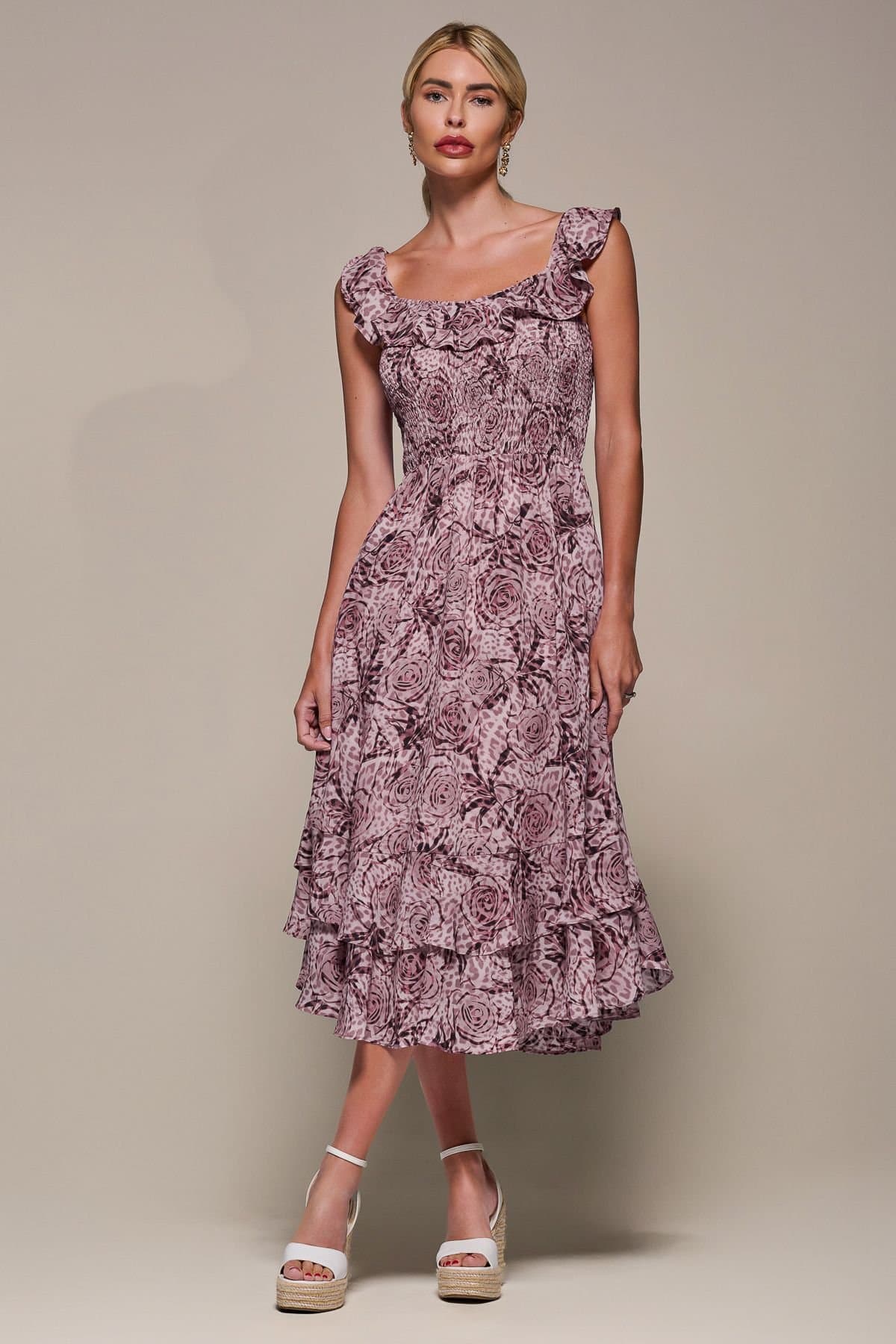Jolie Moi Jolie Moi Women's Shirred Ruffle Sleeve Tiered Midi Dress in Pink