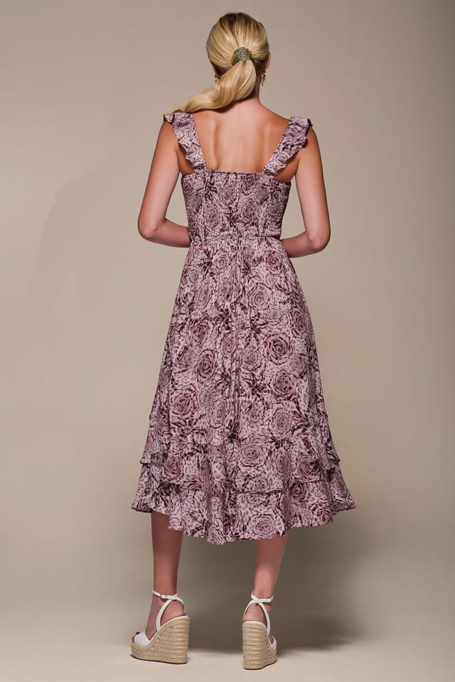 Jolie Moi Jolie Moi Women's Shirred Ruffle Sleeve Tiered Midi Dress in Pink - 2