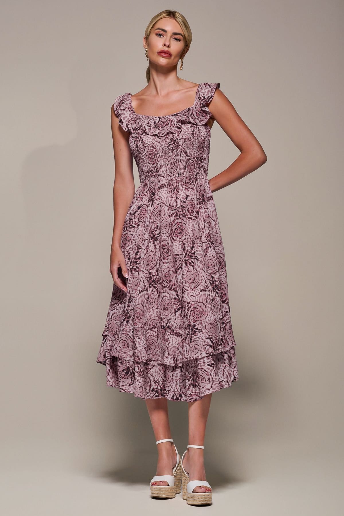 Jolie Moi Jolie Moi Women's Shirred Ruffle Sleeve Tiered Midi Dress in Pink - 4