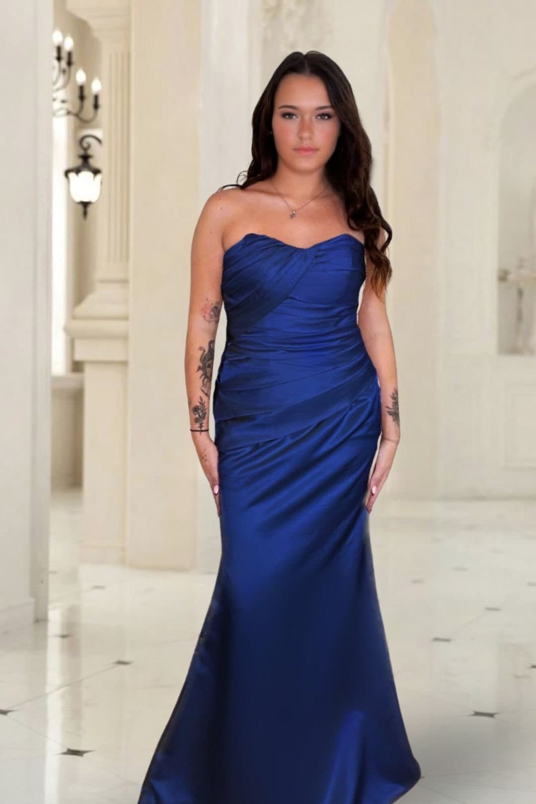Marco Paul Marco Paul Women's Royal Blue Satin Fitted Strapless Bridesmaid Dress
