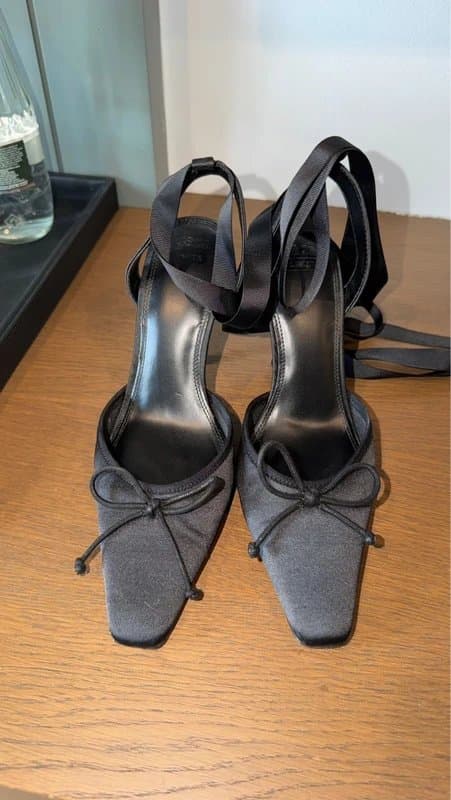 ASOS Black satin high heel with peony tie