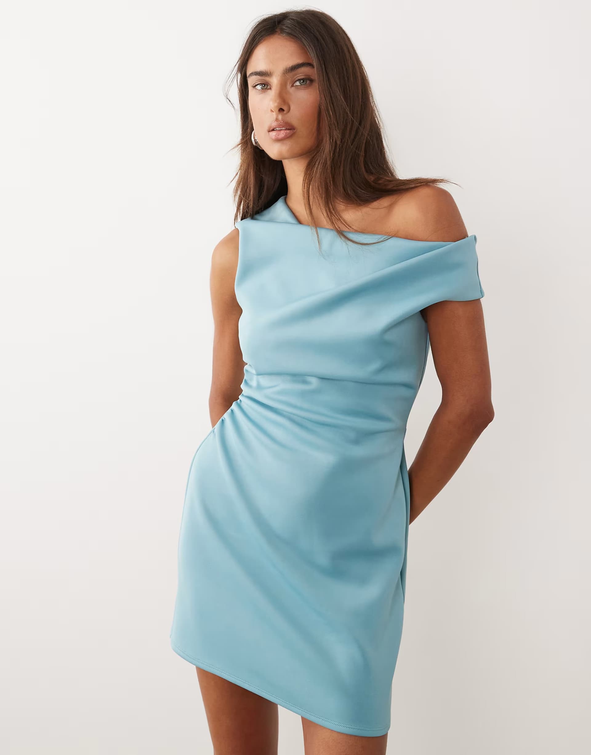 ASOS ASOS DESIGN off shoulder sculpted mini dress in bright blue scuba-style fabric