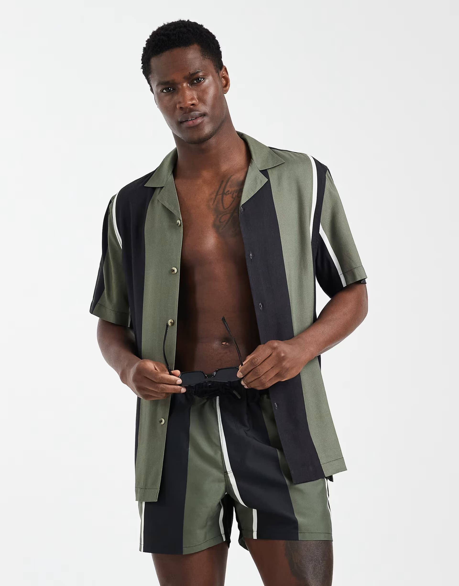 ASOS ASOS DESIGN co-ord regular fit revere stripe shirt in black and khaki