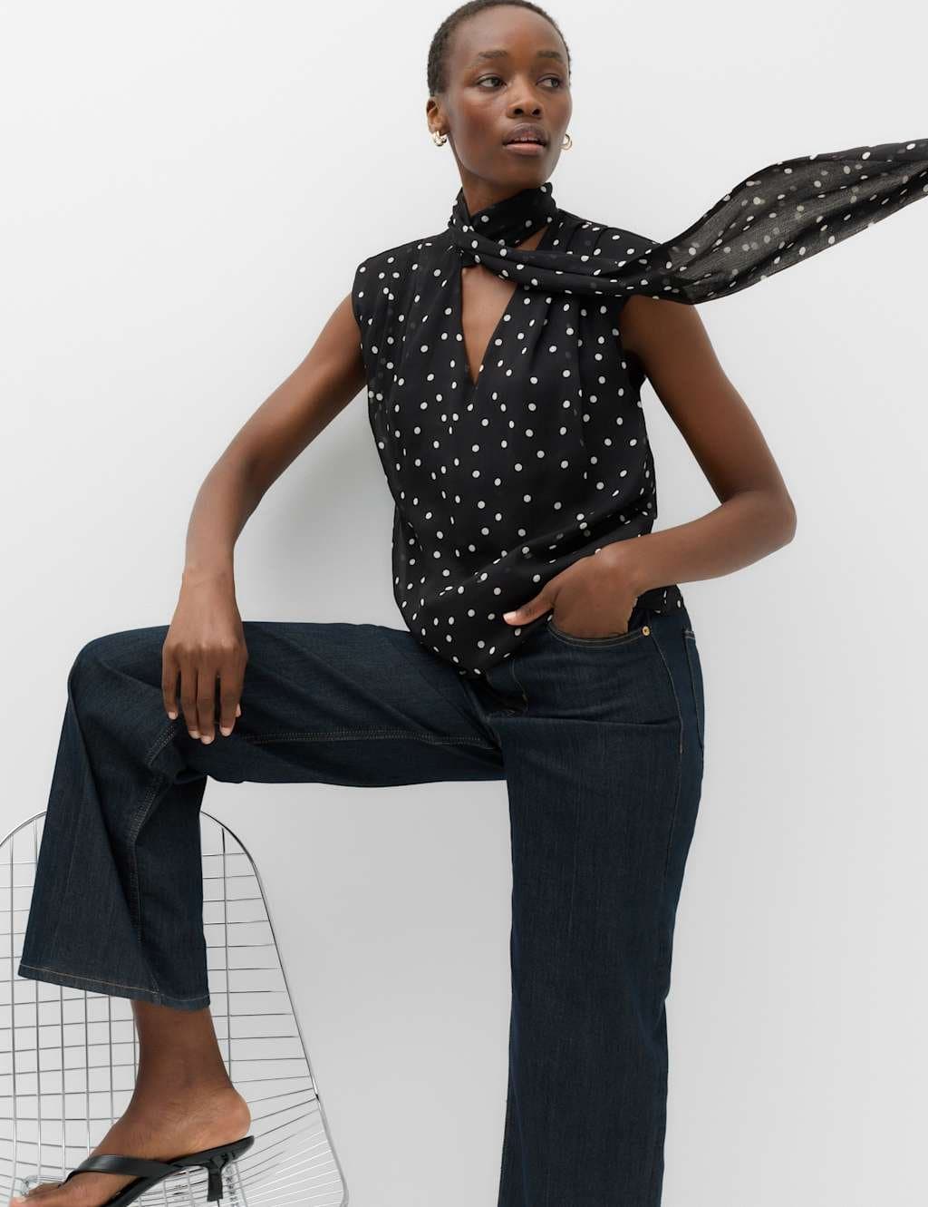 Marks & Spencer M&S Polka Dot V-Neck Scarf Detail Top Black Mix