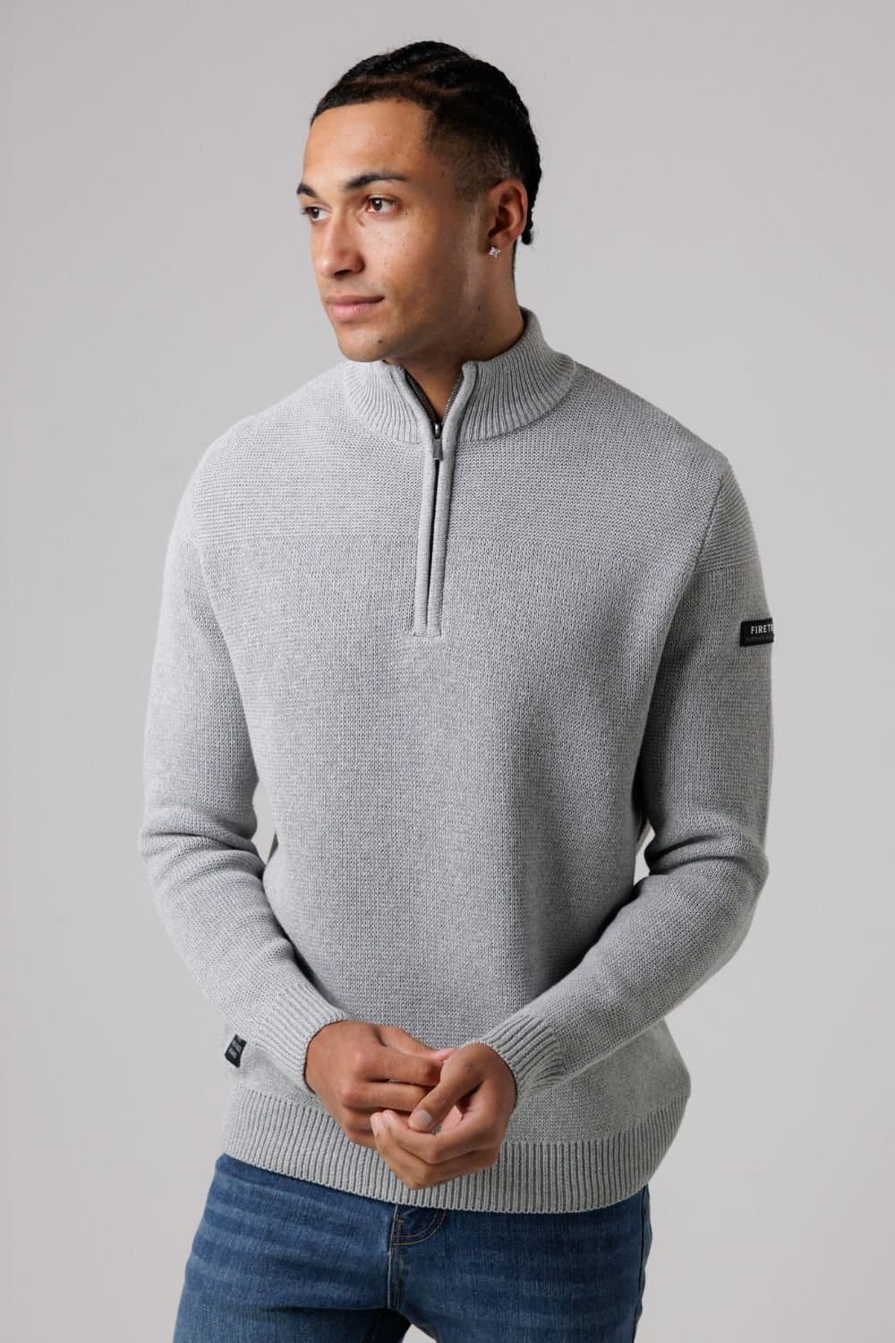 Firetrap Firetrap Men's Cotton Rich Half Zip Funnel Neck Jumper in Light Grey