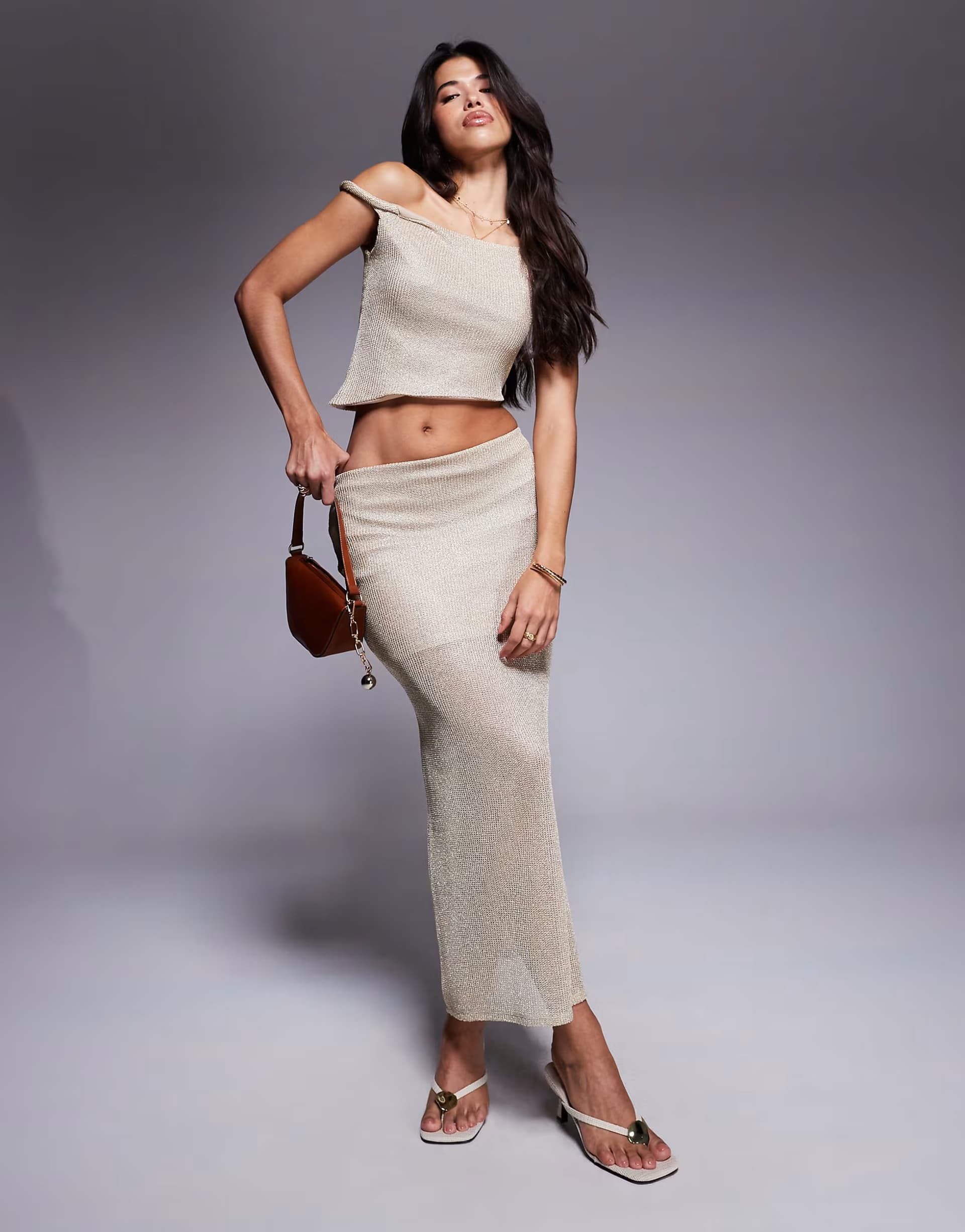 ASOS ASOS DESIGN co-ord twist off the shoulder top and maxi skirt in gold sparkle knit