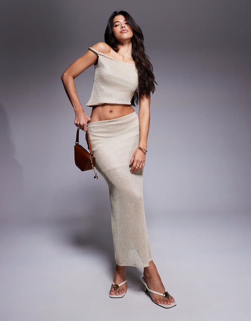 ASOS ASOS DESIGN co-ord twist off the shoulder top and maxi skirt in gold sparkle knit - 1