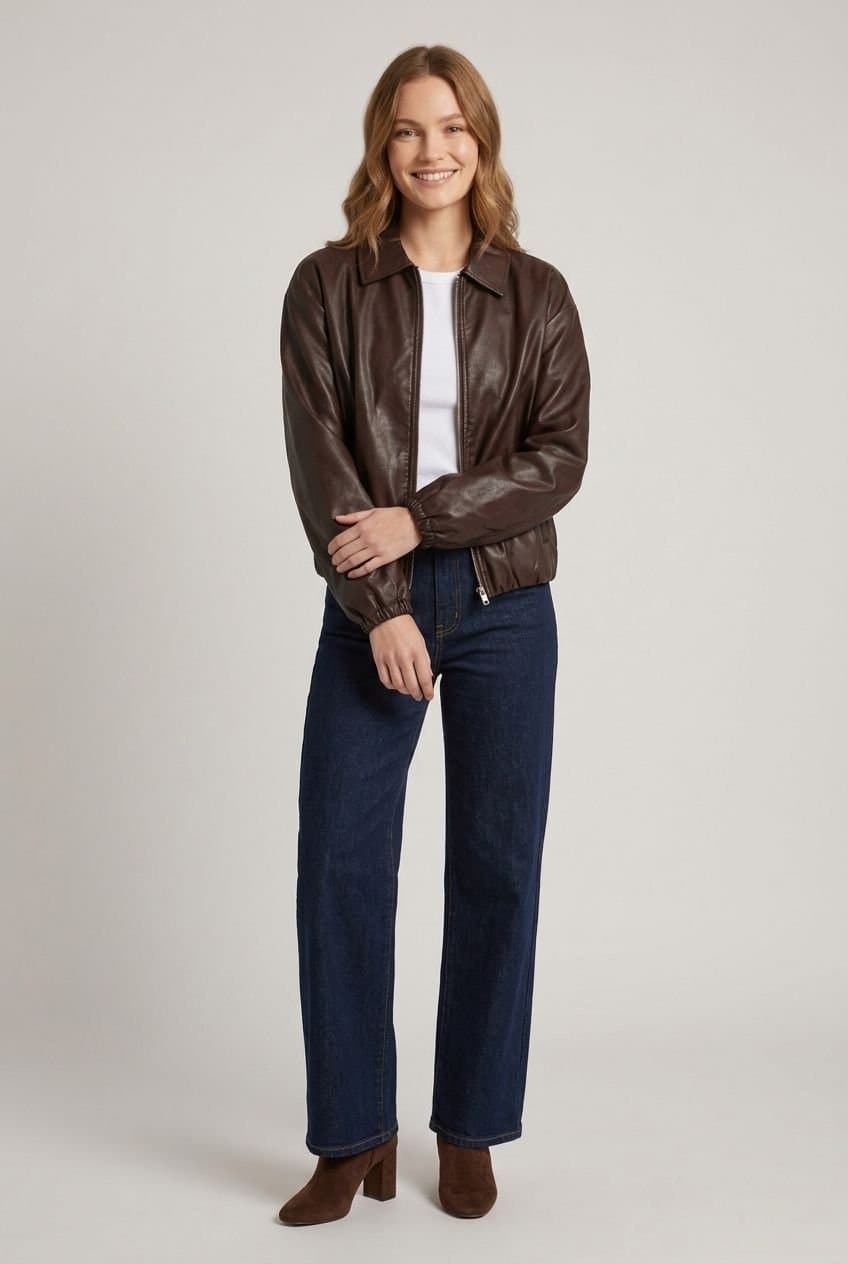 Izabel London Izabel London Women's Faux Leather Collared Cropped Jacket in Brown