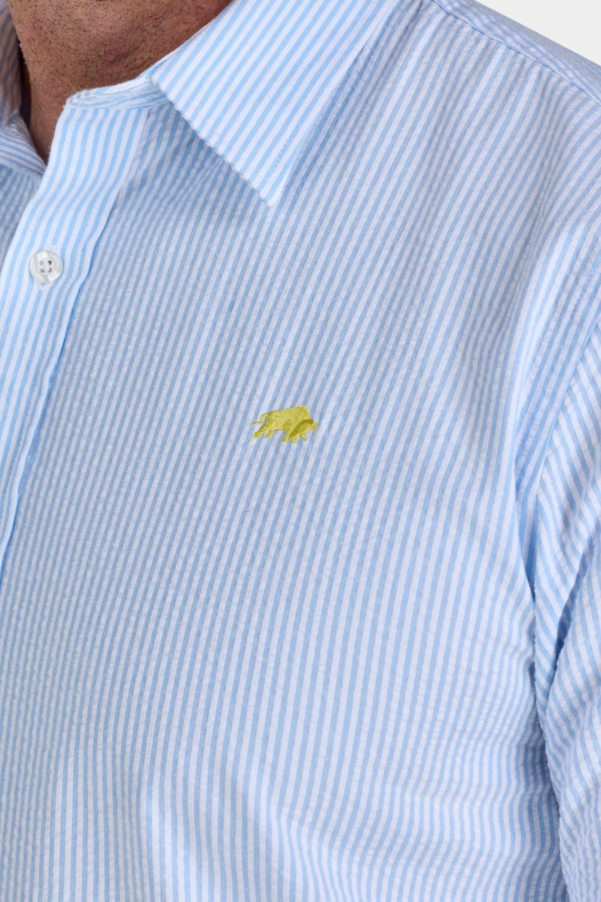 raging bull Raging Bull Men's Short Sleeve Bournmouth Stripe Linen Shirt in Light Blue - 3