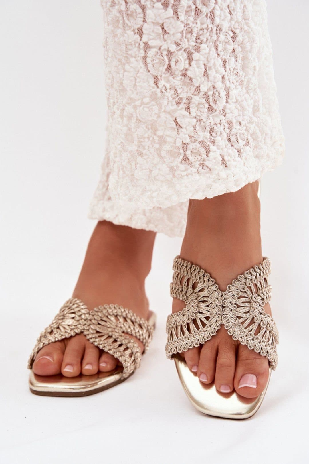 Love Lace Love Lace Women's Everyday Comfort Sliders with Cushioned Footbed Non Slip Sole in Gold