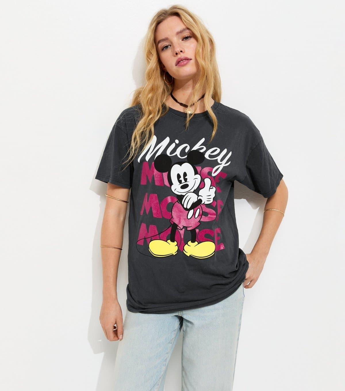 New Look Women's Dark Grey Mickey Acid Wash Oversized T-Shirt New Look