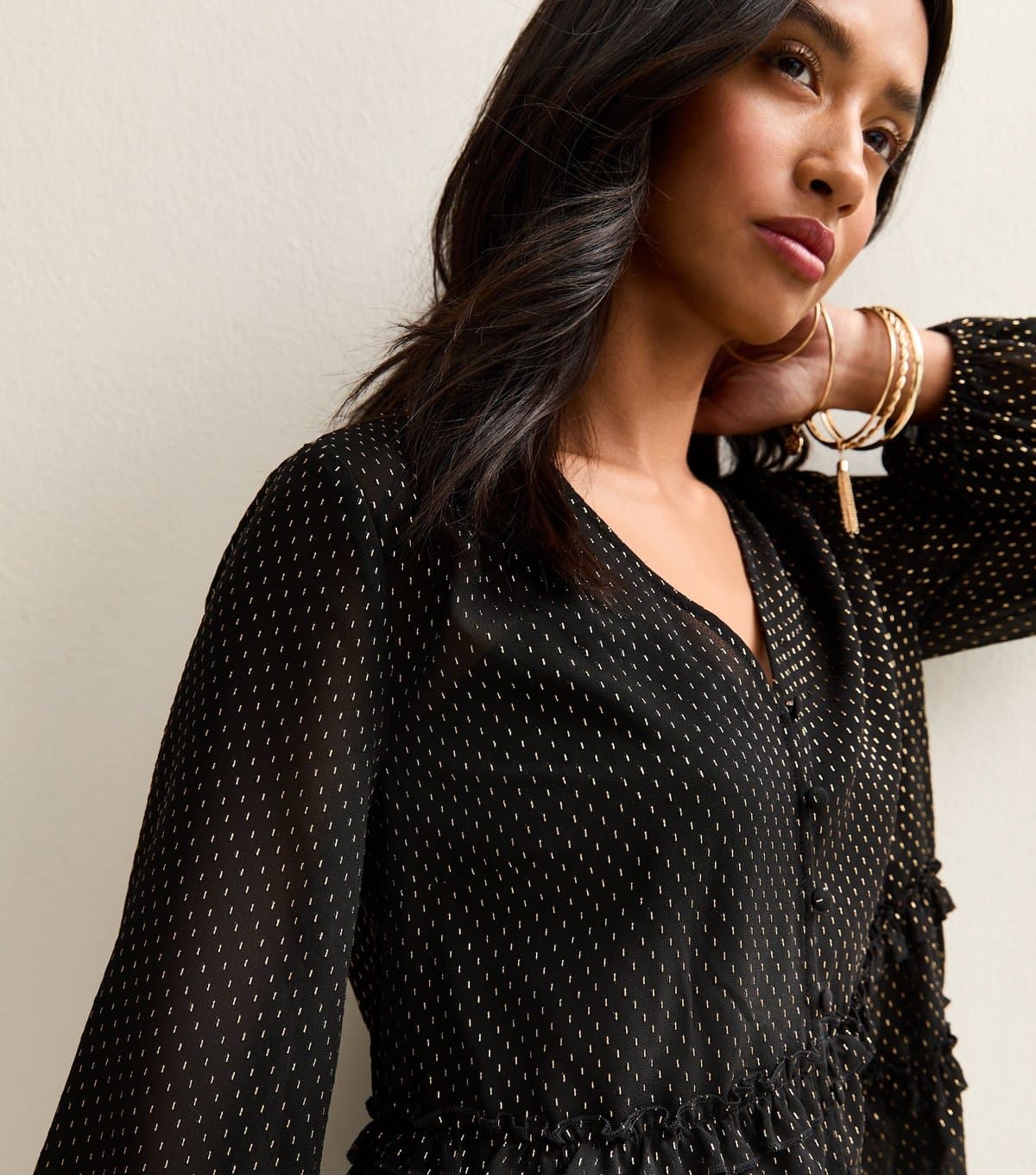 New Look Women's Petite Black Embroidered Pattern V-Neck Blouse New Look