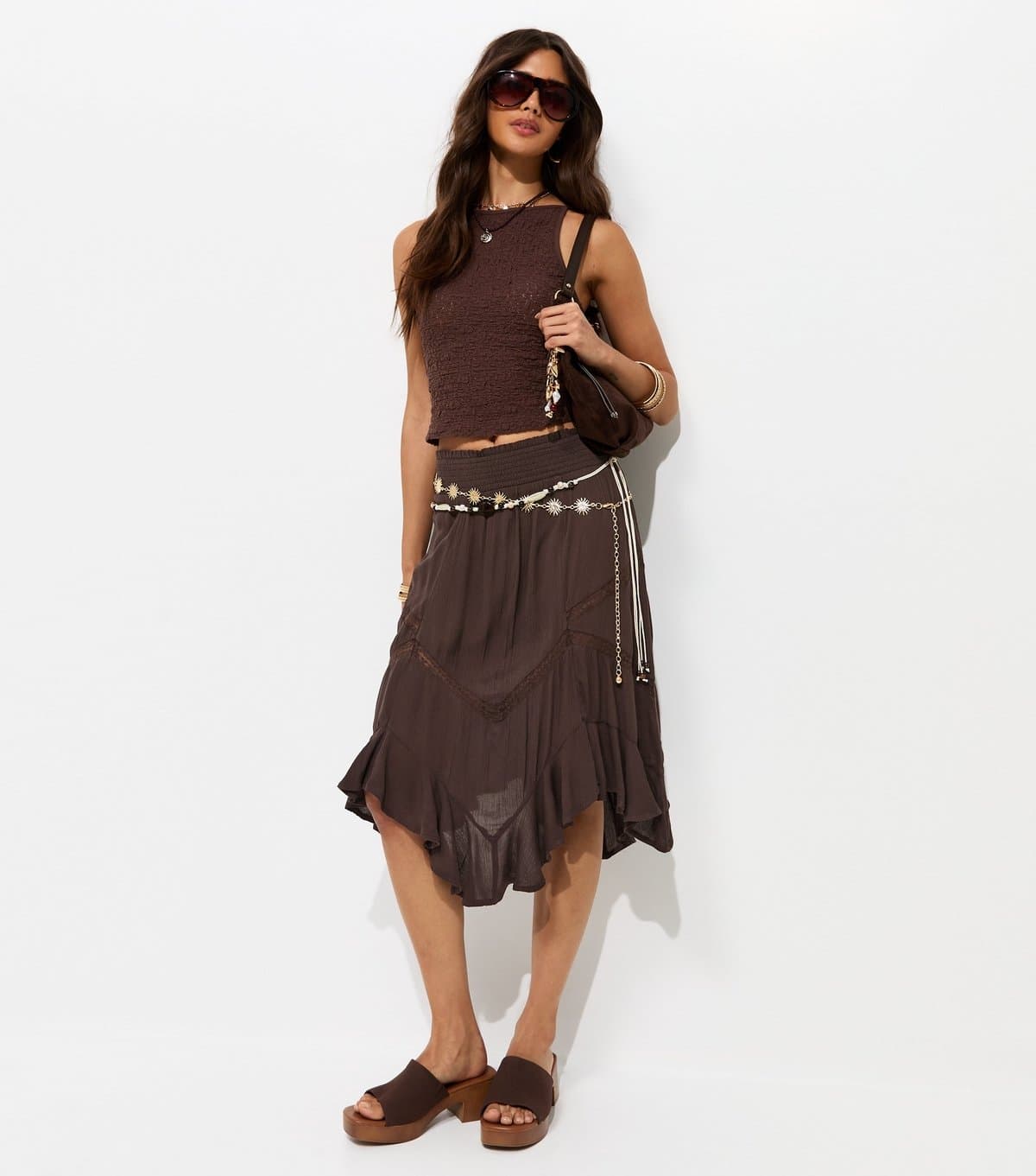 New Look Women's Dark Brown Woven Asymmetric Lace Insert Midi Skirt New Look