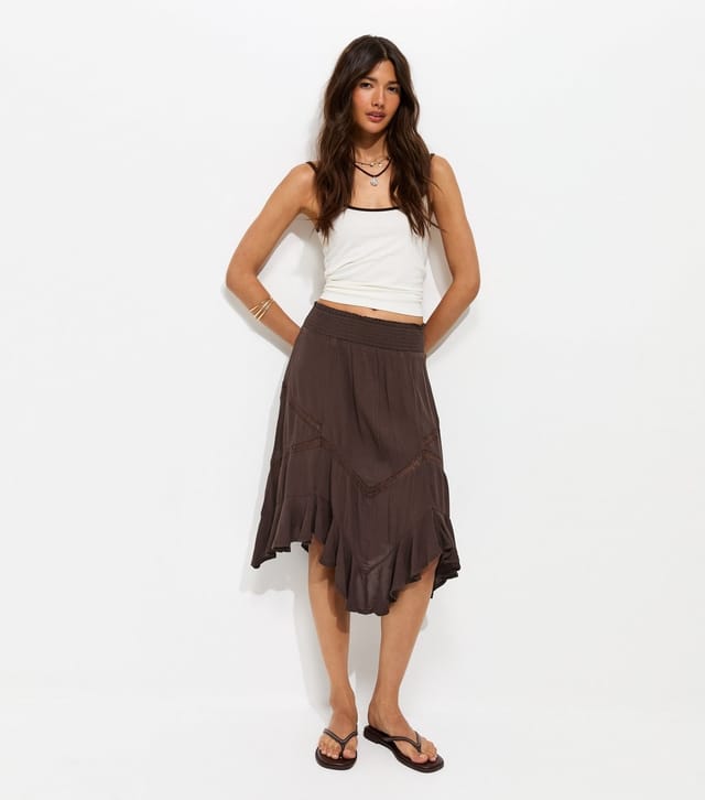 New Look Women's Dark Brown Woven Asymmetric Lace Insert Midi Skirt New Look - 3