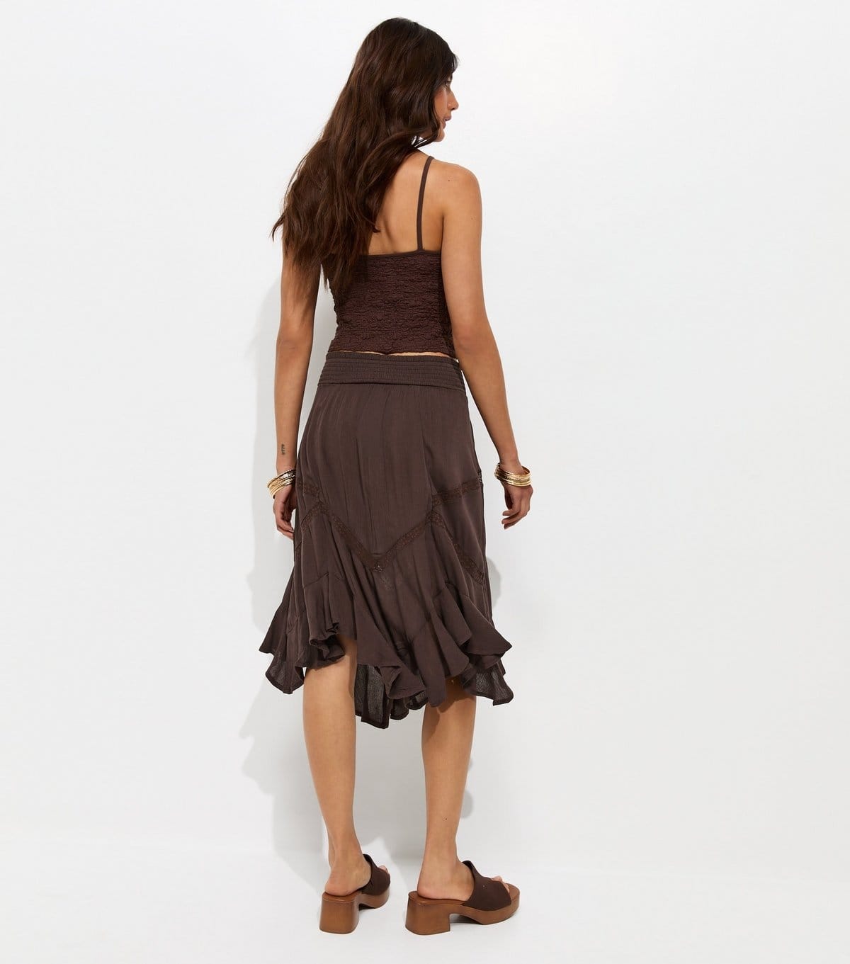 New Look Women's Dark Brown Woven Asymmetric Lace Insert Midi Skirt New Look - 4