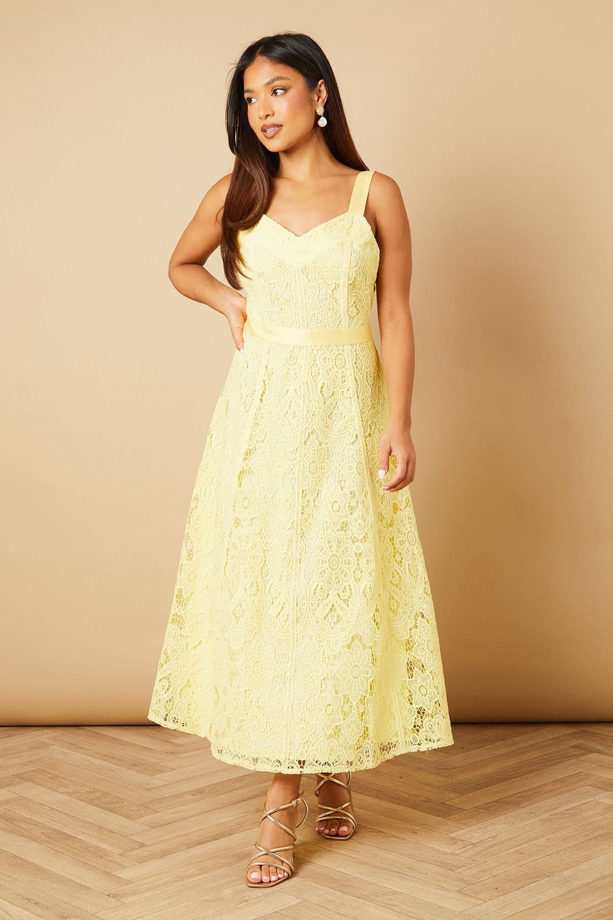Oasis Oasis Women's Petite Floral Lace V Neck Midi Dress in Lemon