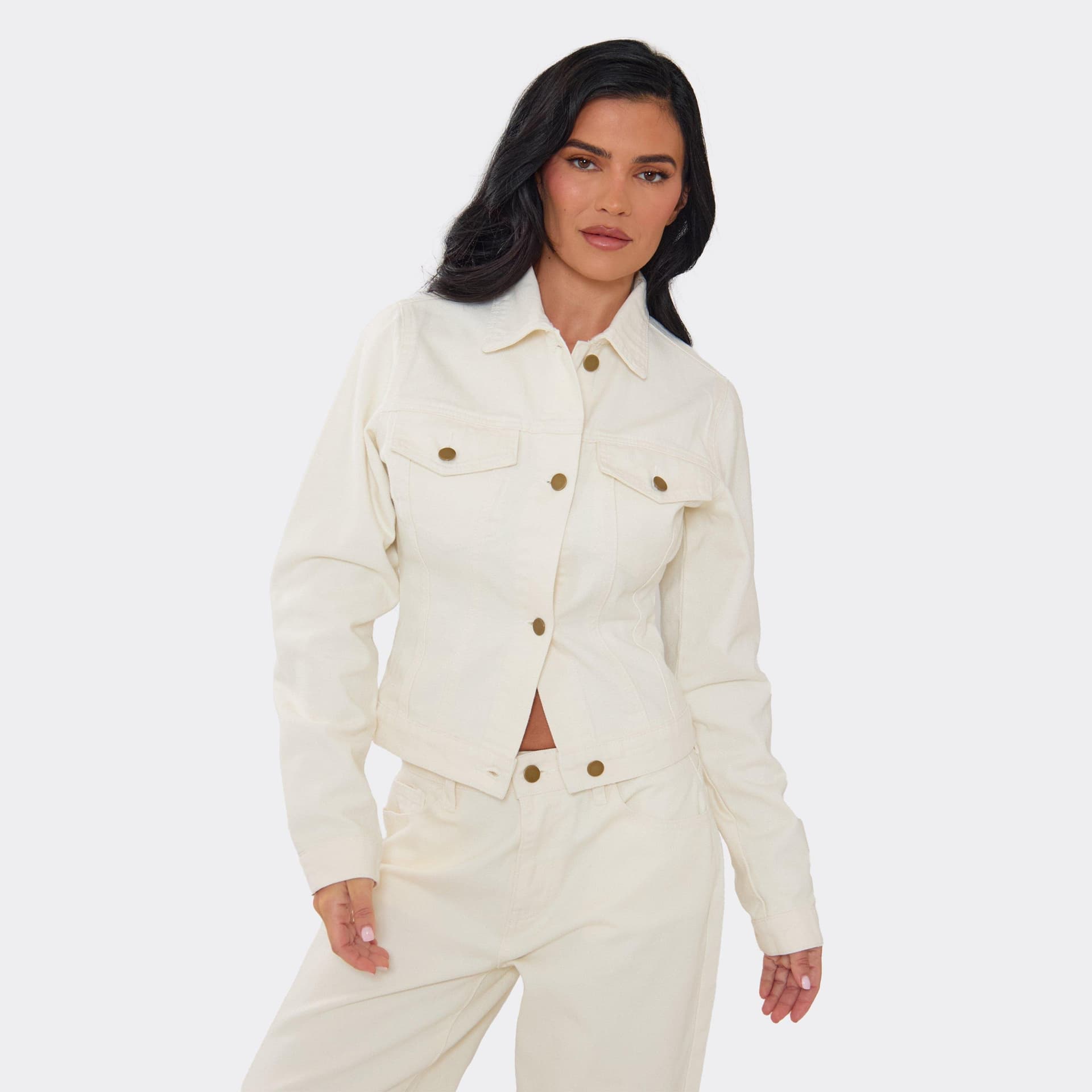 EGO Long Sleeve Button Up Front Jacket In Cream Denim, Women's Size UK 6