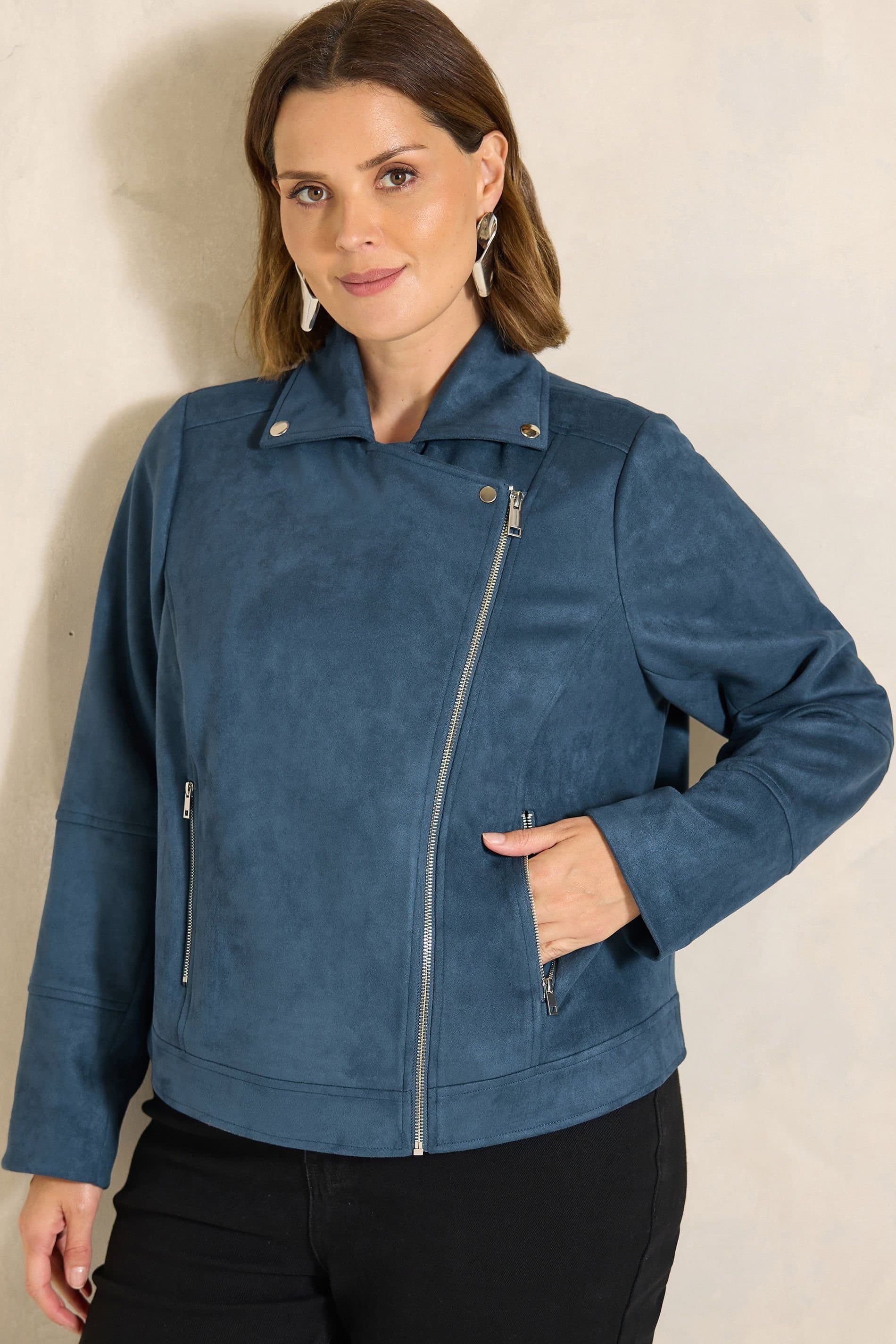 Evans Evans Women's Suedette Biker Jacket in Mid Navy
