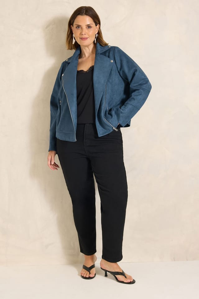 Evans Evans Women's Suedette Biker Jacket in Mid Navy - 3