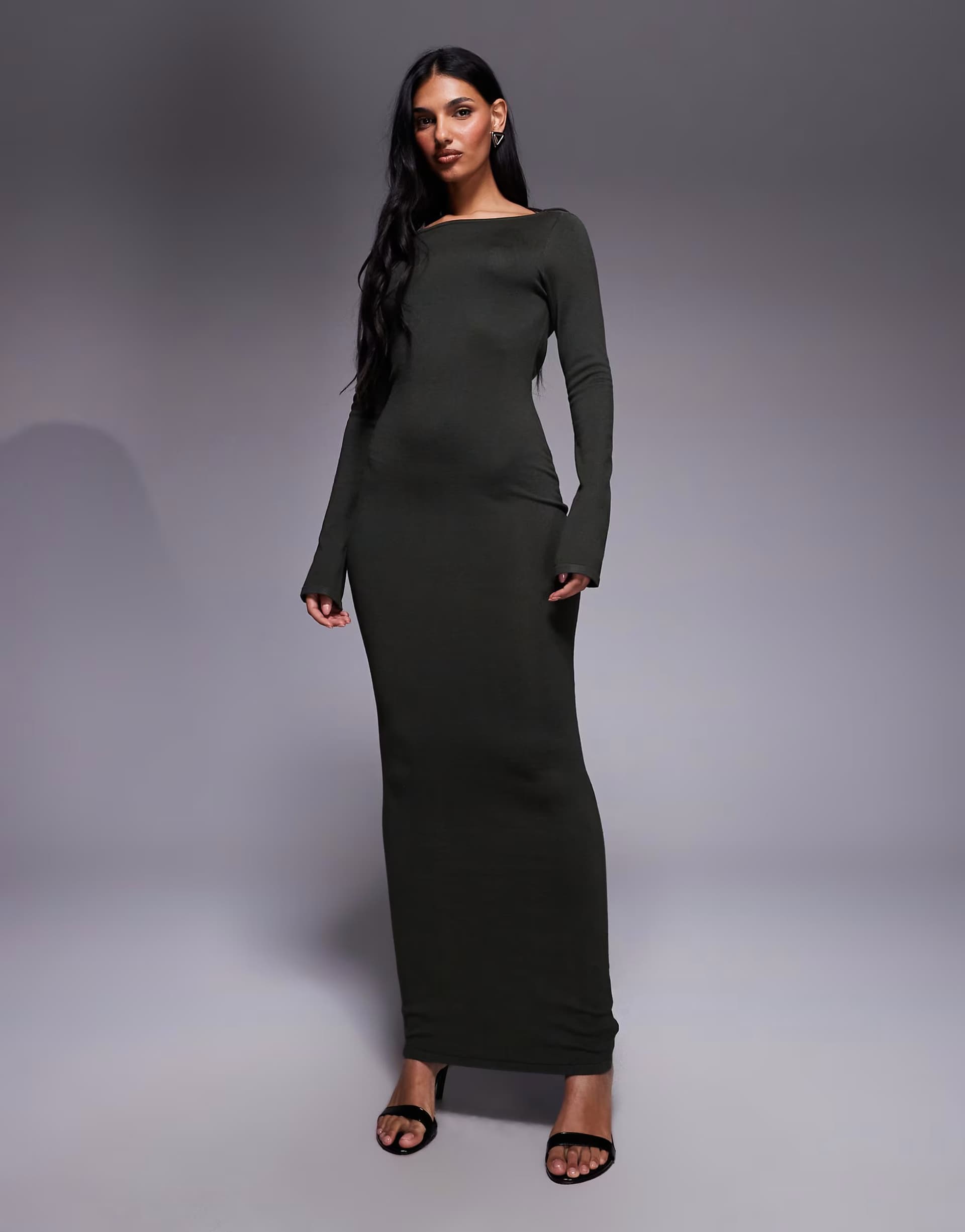 ASOS Kaiia exclusive fine knit cowl tie back long sleeve maxi dress in khaki