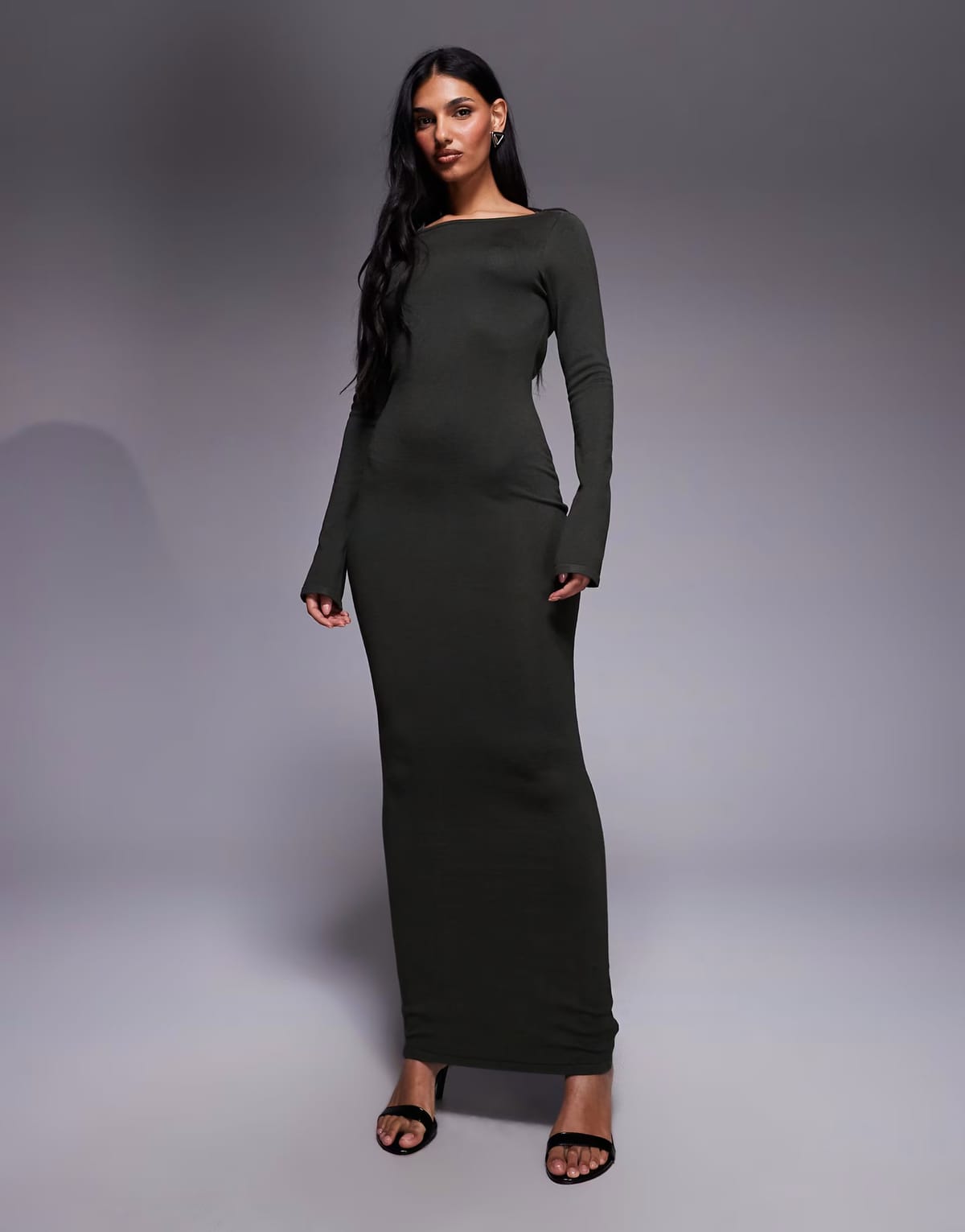 ASOS Kaiia exclusive fine knit cowl tie back long sleeve maxi dress in khaki - 1