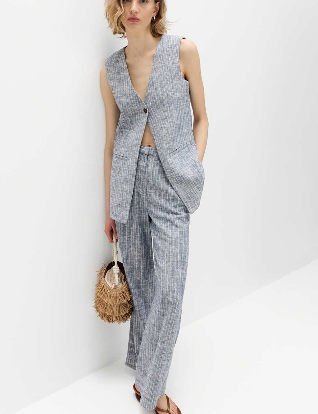 M&S Blue Mix Linen Blend Striped Waistcoat