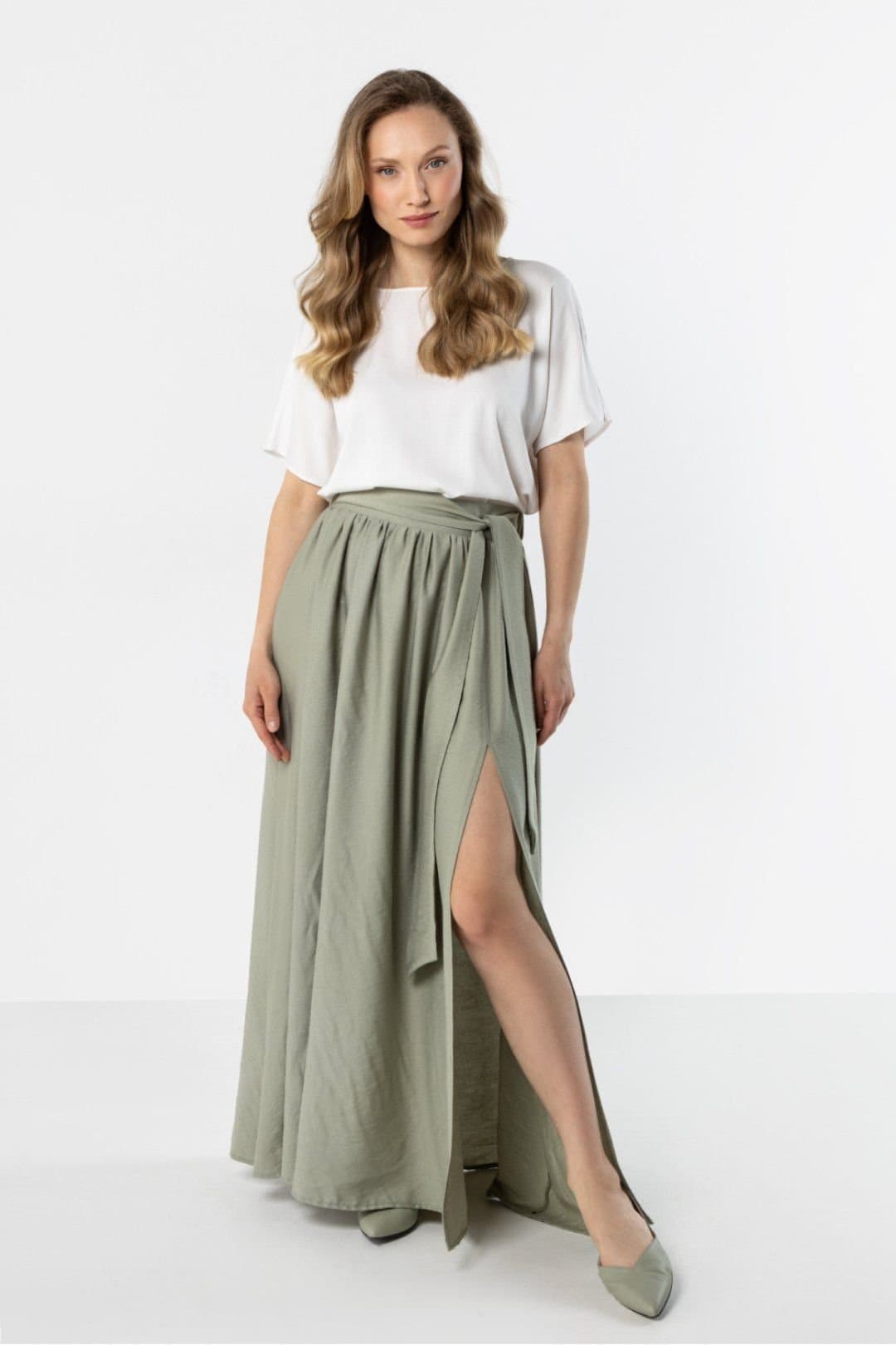 Love Lace Love Lace Women's Flowy High Waist Maxi Skirt with Tie Style 225331 in Green