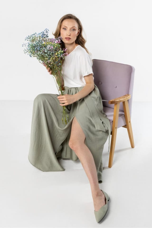 Love Lace Love Lace Women's Flowy High Waist Maxi Skirt with Tie Style 225331 in Green - 2