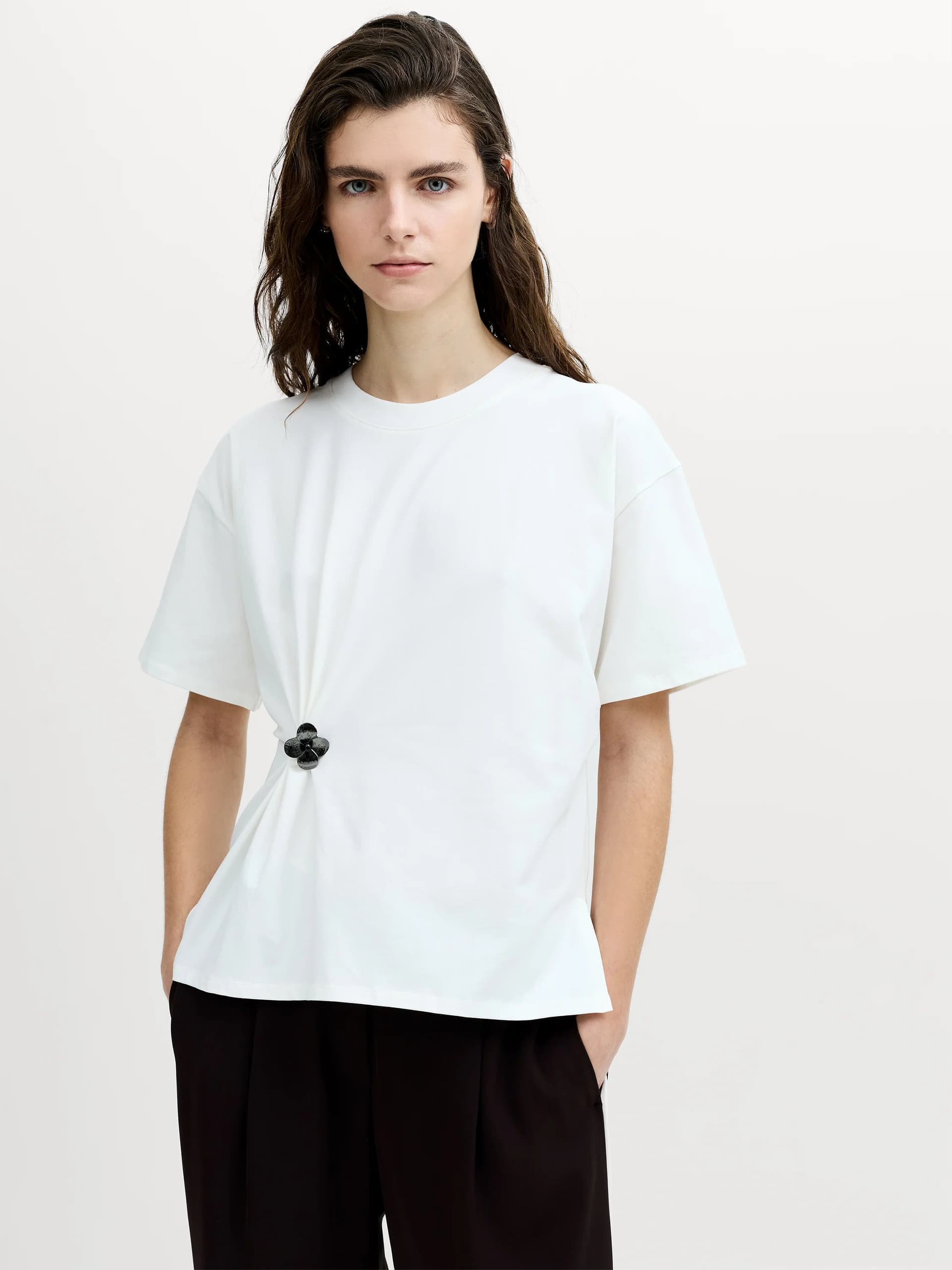 French Connection Rallie Floral Detail Cinched White T-Shirt Linen White