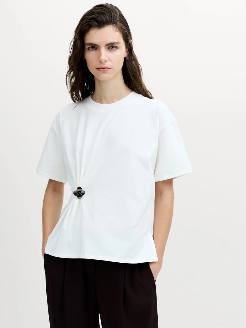 French Connection Rallie Floral Detail Cinched White T-Shirt Linen White - 1