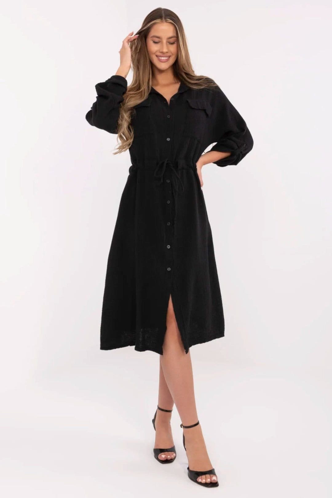 Love Lace Black Cotton Midi Shirt Dress with Waist Tie