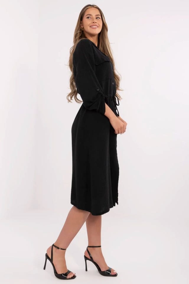 Love Lace Love Lace Women's Cotton Midi Shirt Dress with Waist Tie in Black - 2