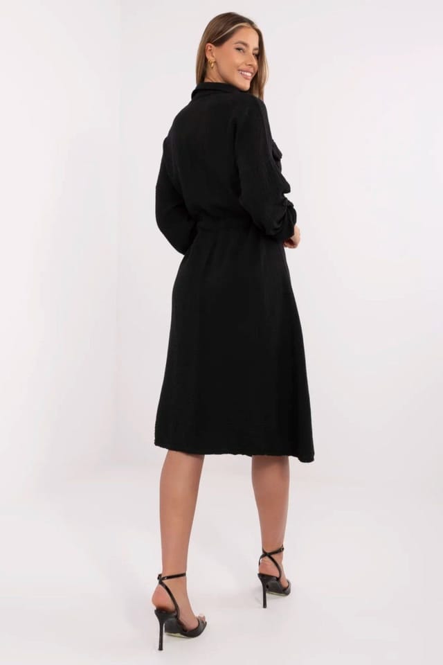 Love Lace Love Lace Women's Cotton Midi Shirt Dress with Waist Tie in Black - 3