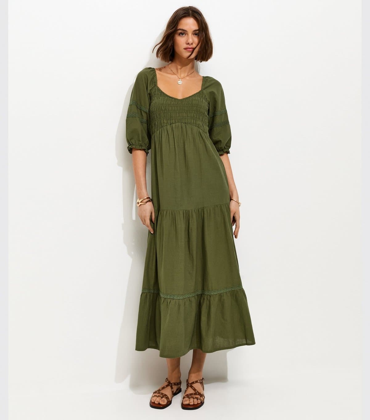 New Look Women's Dark Khaki Shirred Milkmaid Midi Dress New Look