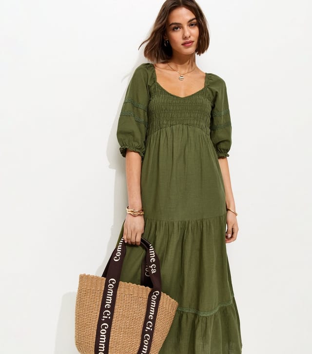 New Look Women's Dark Khaki Shirred Milkmaid Midi Dress New Look - 2