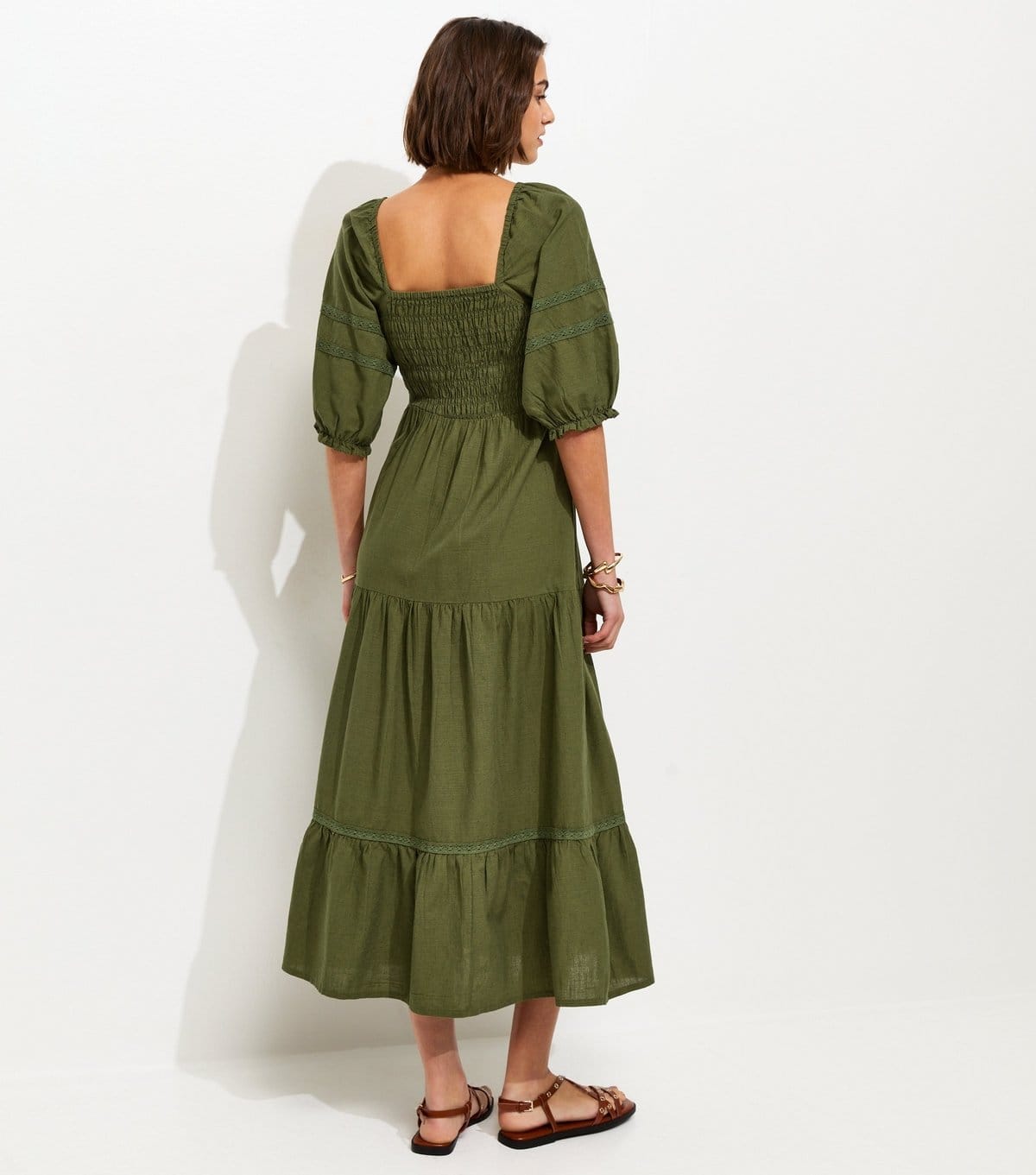 New Look Women's Dark Khaki Shirred Milkmaid Midi Dress New Look - 4