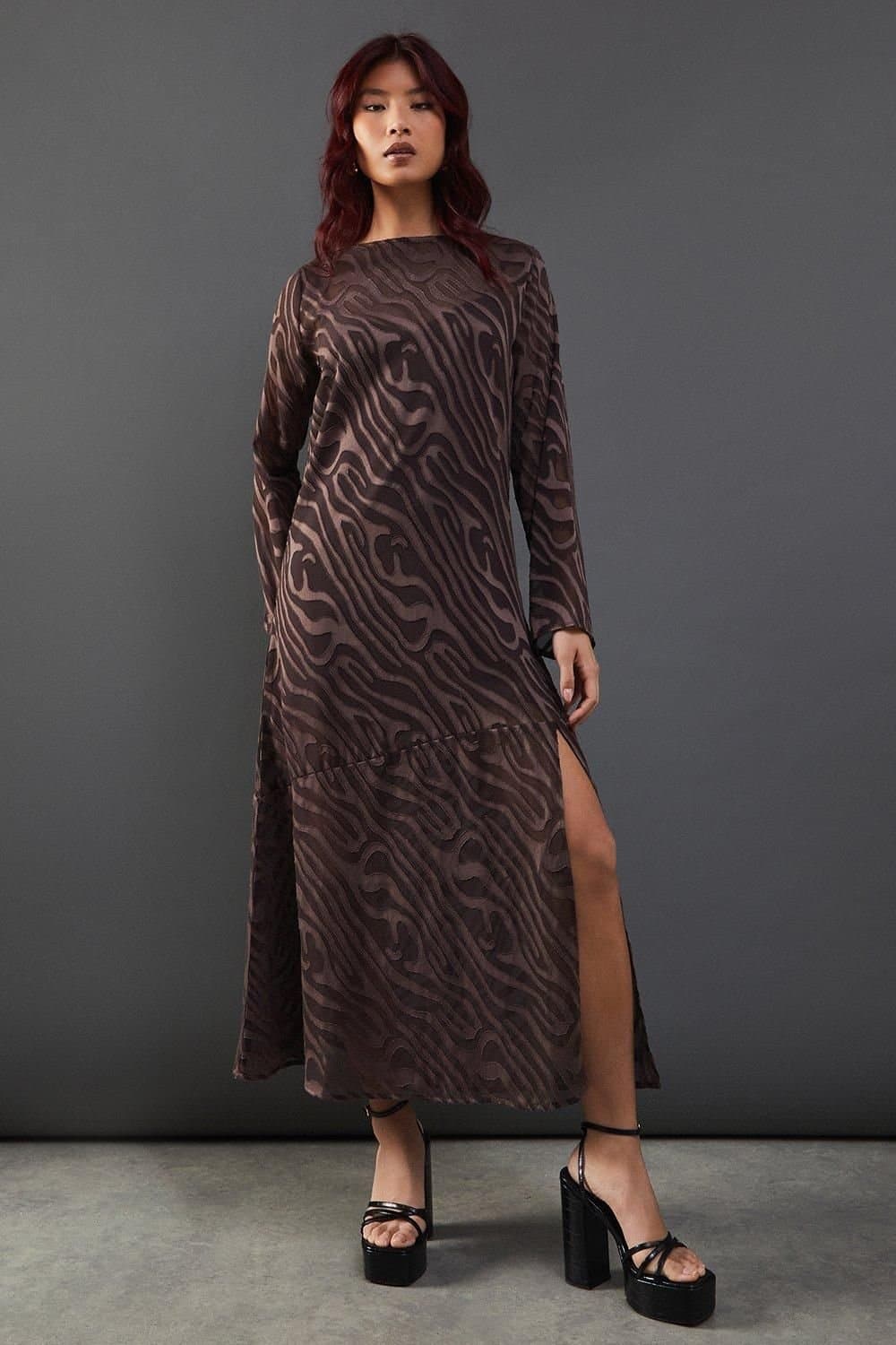Warehouse Warehouse Women's Petite Burnout Chiffon Column Long Sleeve Maxi Dress in Chocolate