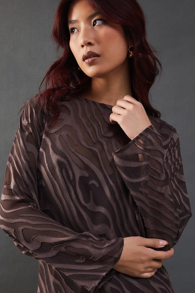Warehouse Warehouse Women's Petite Burnout Chiffon Column Long Sleeve Maxi Dress in Chocolate - 2