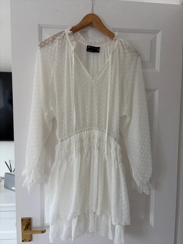 ASOS Cream Chiffon Floaty Long Puff Sleeve Dress