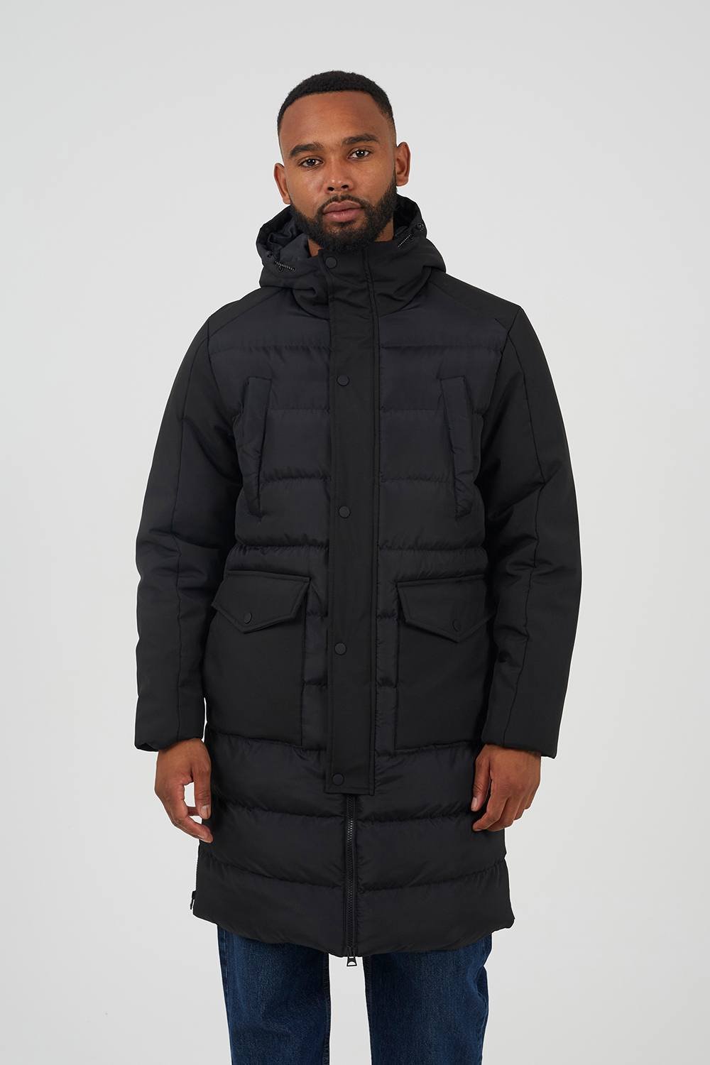 Brave Soul Brave Soul Men's Padded Hooded Longline Jacket in Black - 2