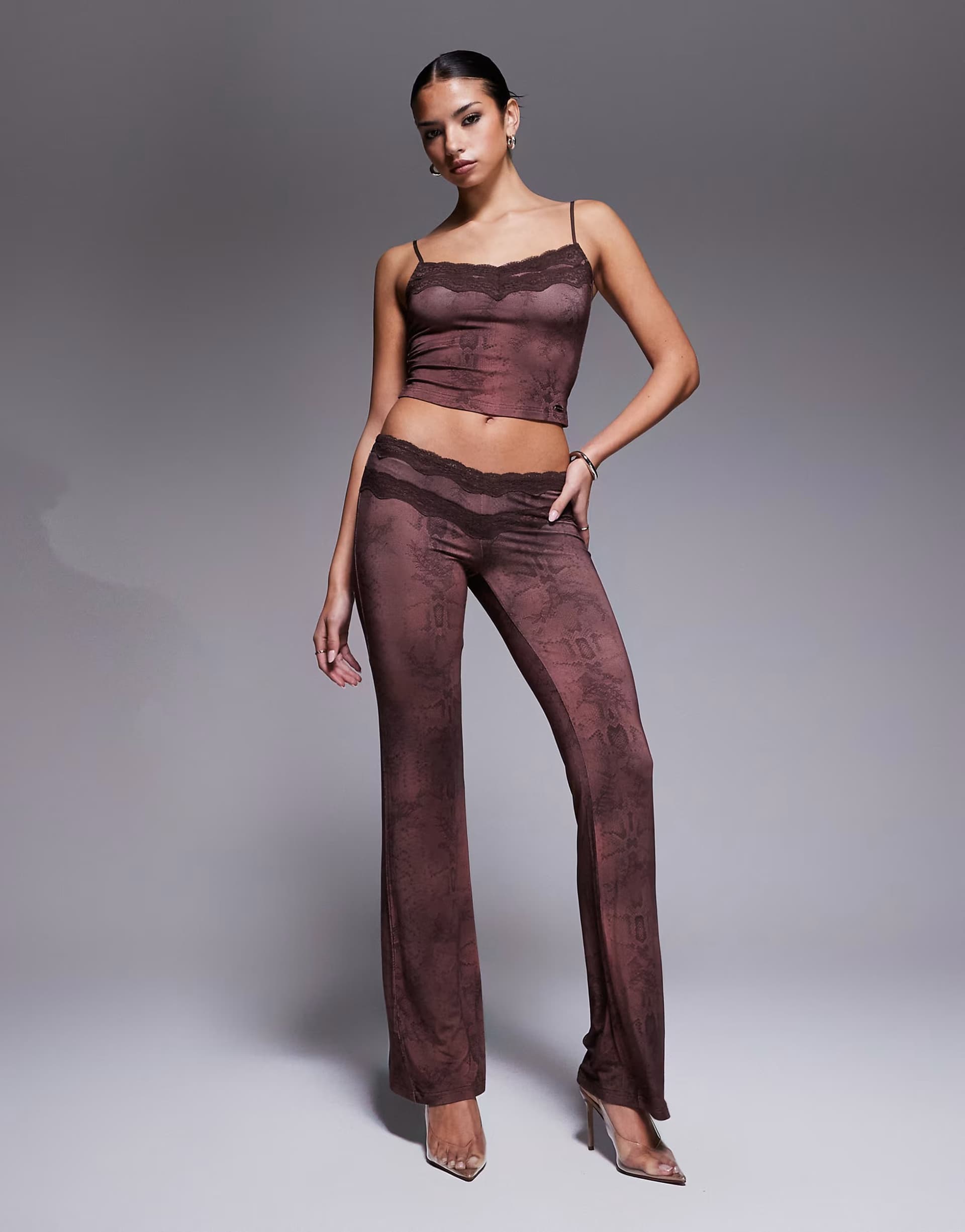 ASOS I.AM.GIA Beau double lace trim v front flared trouser co-ord in brown snake print