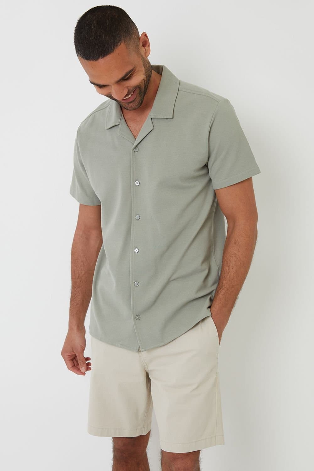 Threadbare threadbare Men's Cotton Pique Revere Collar Short Sleeve Shirt in Pale Green