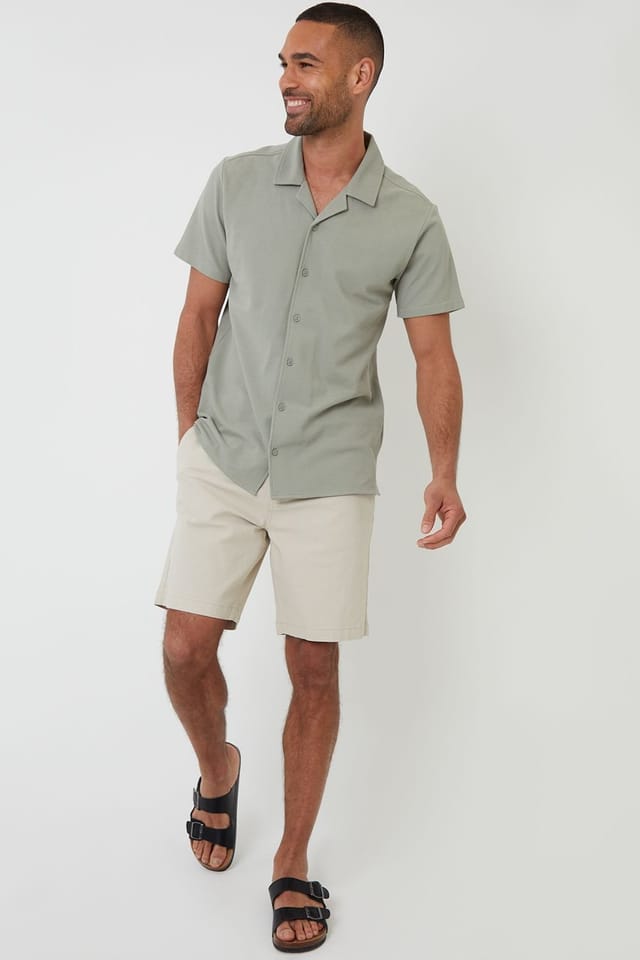 Threadbare threadbare Men's Cotton Pique Revere Collar Short Sleeve Shirt in Pale Green - 3