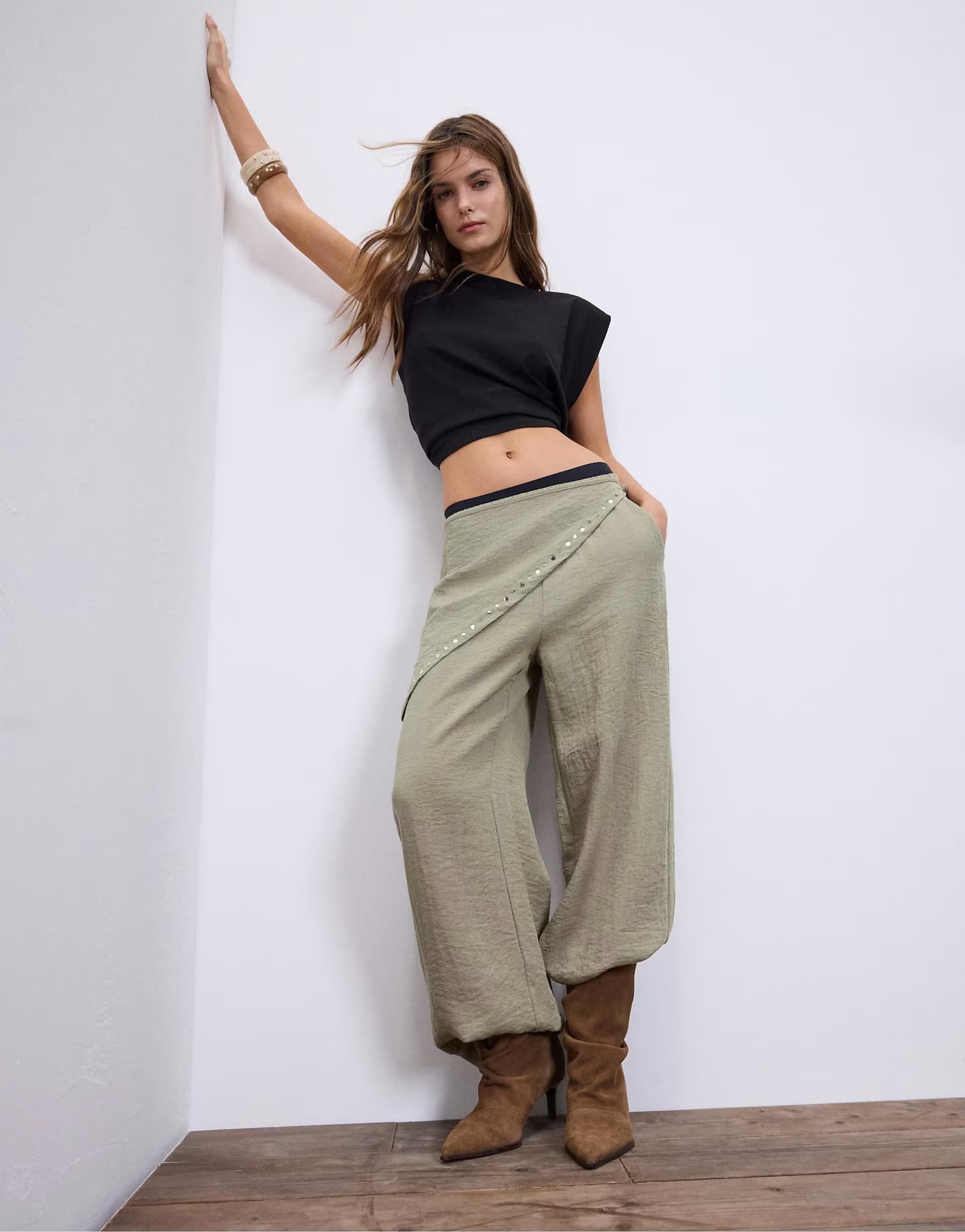 ASOS Stradivarius Flowing scarf trousers in stone