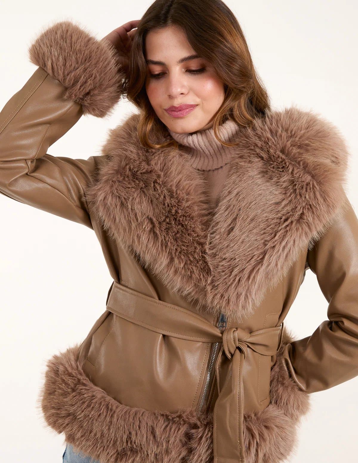 Blue Vanilla Hooded Zip Faux Fur Cropped PU Jacket
