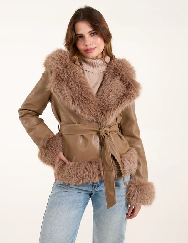 Blue Vanilla Hooded Zip Faux Fur Cropped PU Jacket - 2