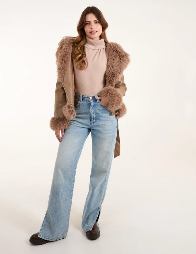 Blue Vanilla Hooded Zip Faux Fur Cropped PU Jacket - 3
