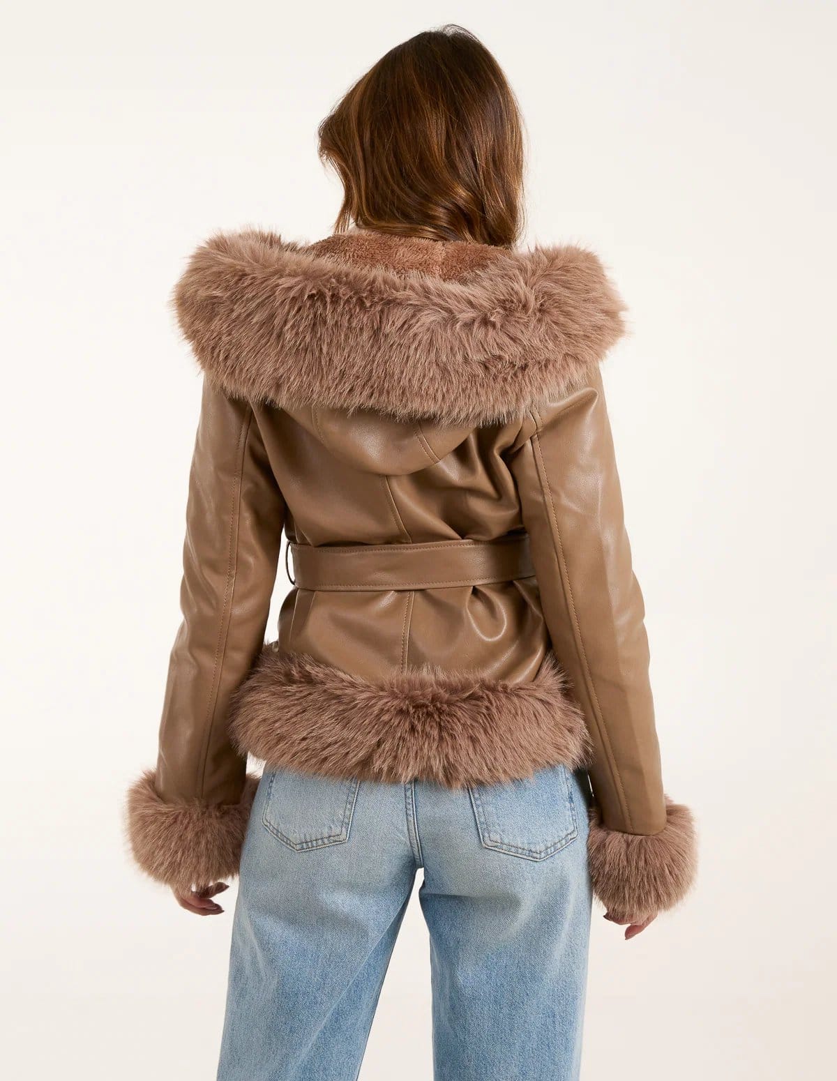 Blue Vanilla Hooded Zip Faux Fur Cropped PU Jacket - 4