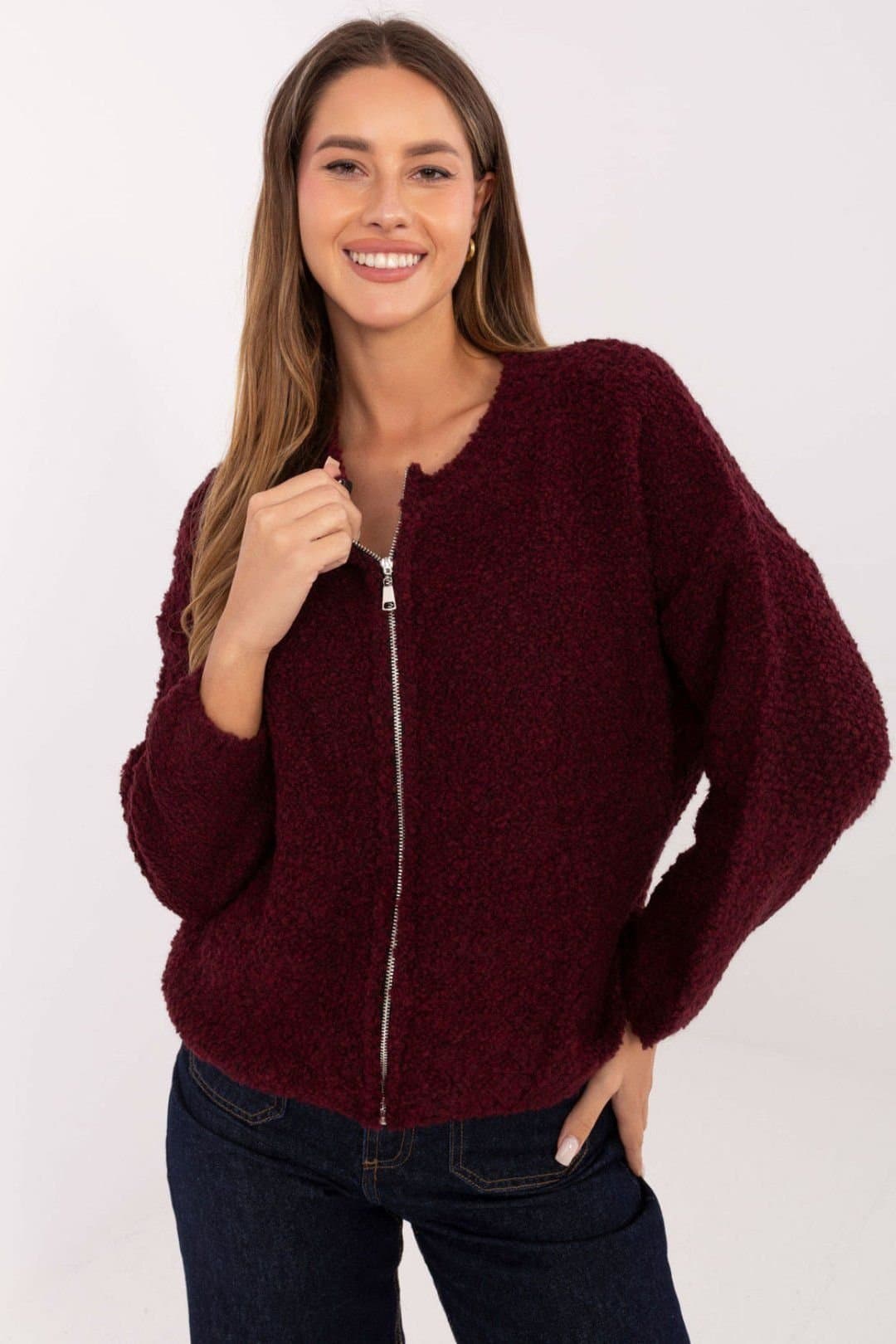 Love Lace Love Lace Women's Boucle Zip Cardigan Sweater with Soft Warmth in Burgundy