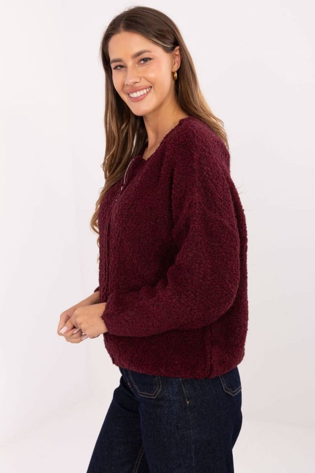 Love Lace Love Lace Women's Boucle Zip Cardigan Sweater with Soft Warmth in Burgundy - 2